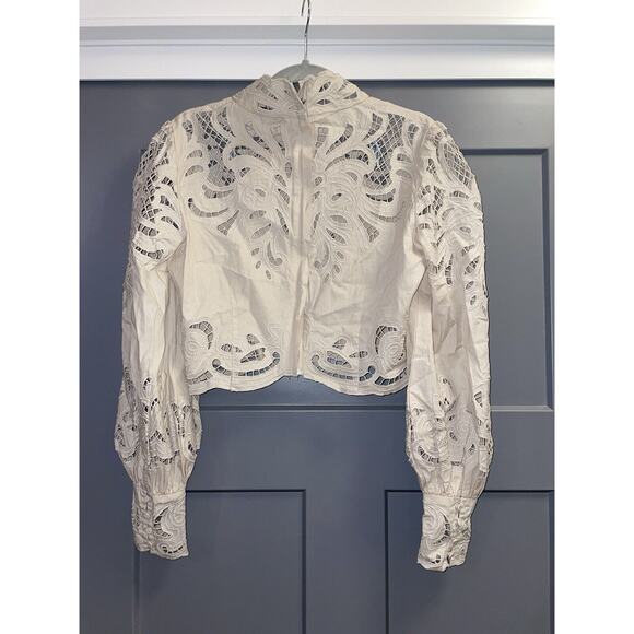 INTERMIX Jasmine Organic Cotton Detailed Lace Zip Up Back Fitted Cuff Blouse 6 - Picture 8 of 12